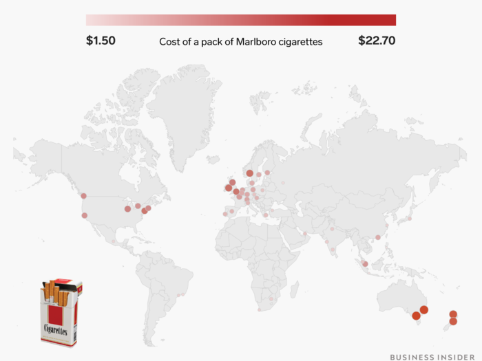 A pack of Marlboro cigarettes ranges from $1.50 to over $22.