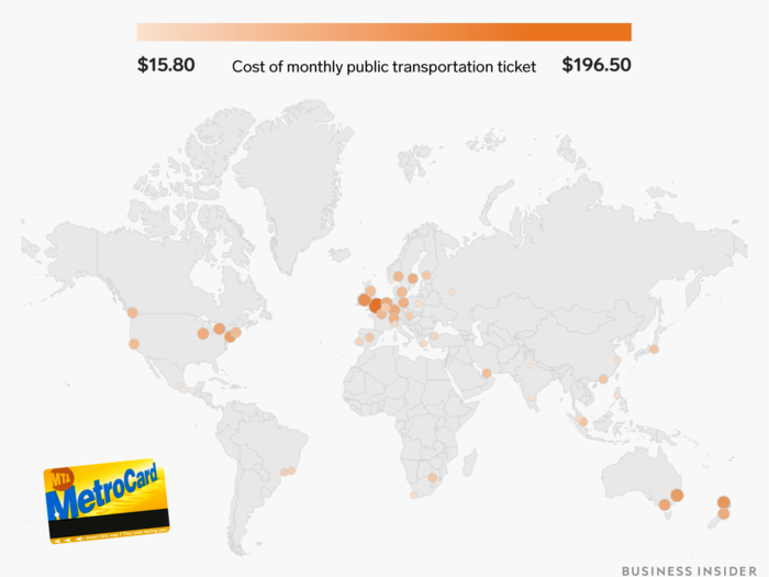 A monthly public transportation ticket ranges from $15 to nearly $200.