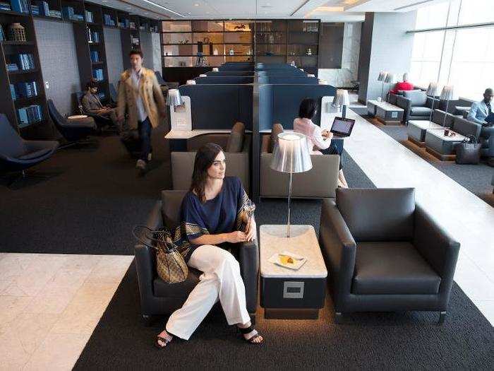 Past the reception desk at the Polaris lounge, travelers enter a library area that was quiet but bustling when we visited.