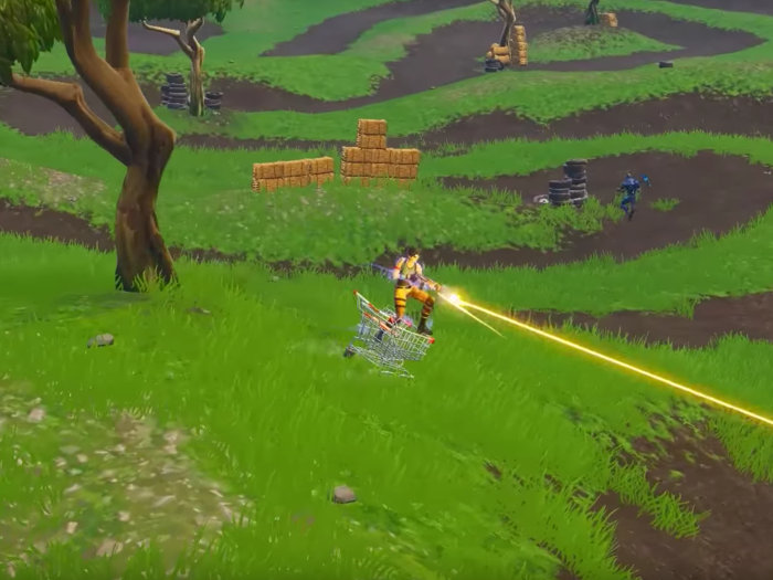 After giving the cart a good push, you can switch your position to actually standing in the center, which allows you to shoot at enemies while speeding by. However, the cart cannot be steered from this position, so before long you