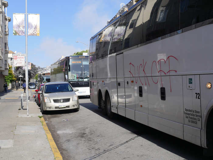 In total, 11 buses and several cars were stalled at the intersection. Chirag Bhakta, a protester at the scene, said the protest wasn