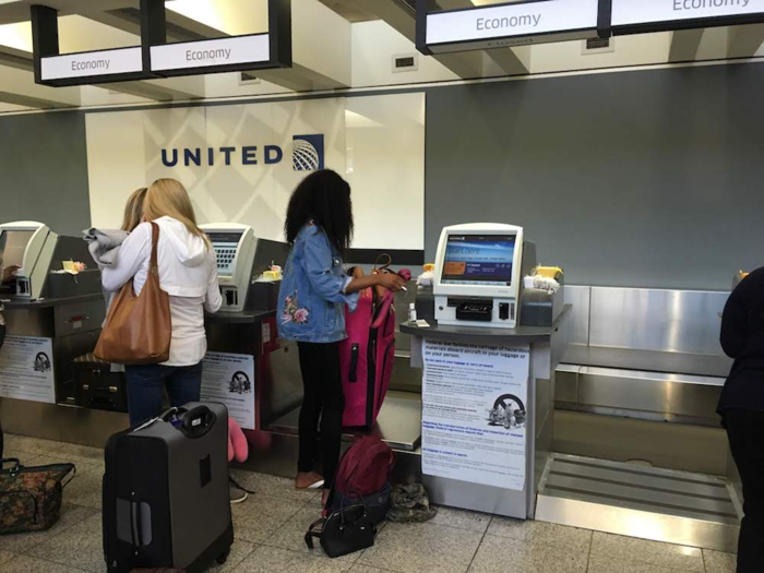 The line was extremely slow-moving because of the strange setup: The check-in kiosks were right next to bag-checking stations, so you couldn