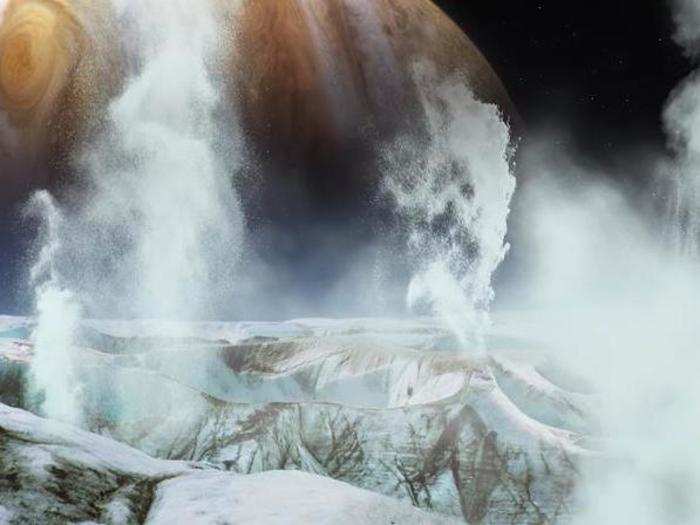 Europa is spraying its salty ocean water out into space through cracks or geysers.