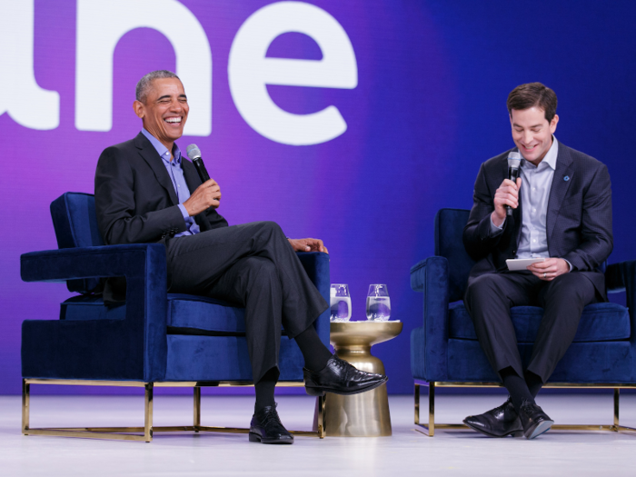 McKinnon gets over his nerves and Obama is relaxed and happy on stage. He discusses tech, taxes, privacy, his Netflix deal, basketball, life in the White House, life after the White House and cracks the crowd up with his jokes.