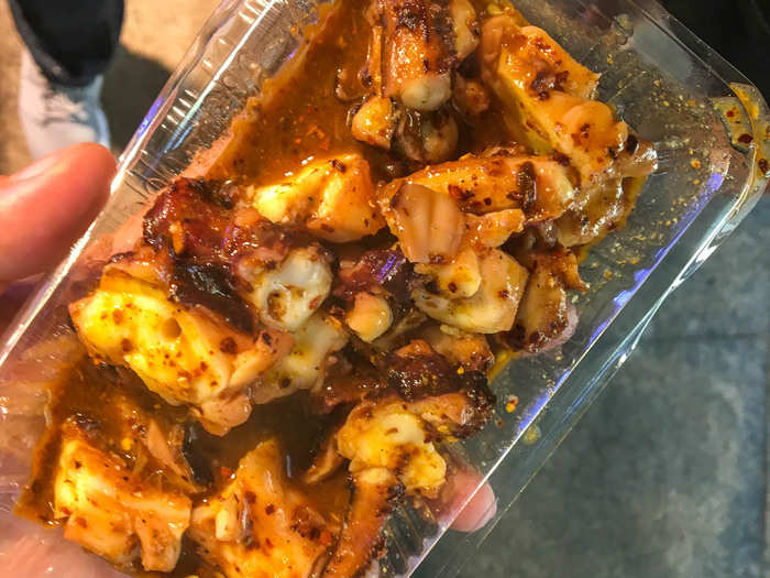 Next up was one last grilled octopus tentacle. It had a spicy flavor that was a bit milder and simpler than the Shaanxi cumin-chili spice mix.