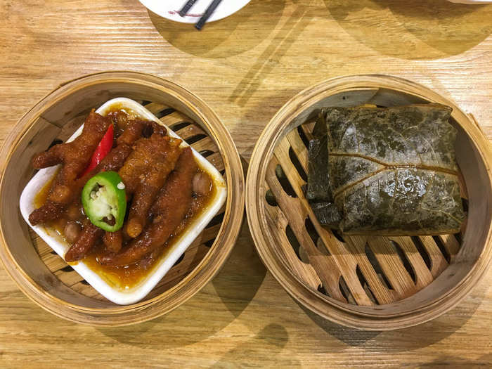 Stewed chicken feet are a dim sum favorite. The feet are deep fried, braised in a garlicky, sweet sauce, and then steamed. Eat the feet by sucking the tender, soft skin off the bone and discarding the bones as you go.