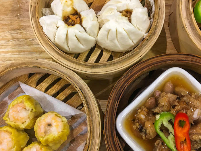 Shenzhen is a great place to try Cantonese dim sum, the Chinese version of brunch with small bite-sized dishes served with tea. A few of my favorite dim sum dishes are (from left) shrimp siu mai, steamed pork buns, and ribs in black bean sauce.