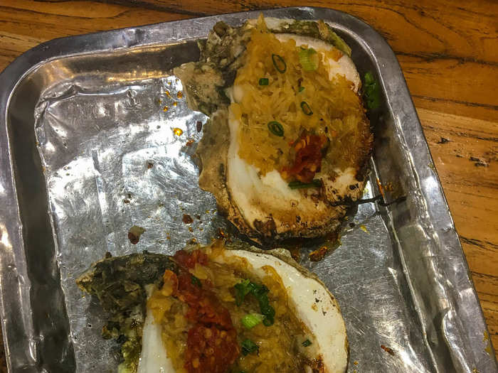 This dish is steamed oysters cooked in ginger, garlic, and green onions. It seemed to be popular in a number of places I visited in China.