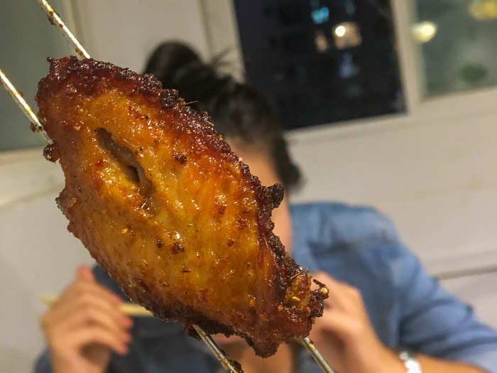 But you can also get chicken wings cooked on a skewer.