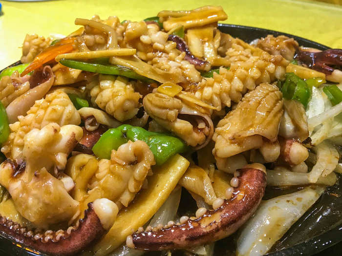 Another popular Szechuan dish is stir-fried seafood with peppers. This was packed with squid and octopus. Seafood is a major part of a lot of Chinese cuisines.