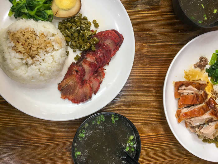 While roast pork and duck are typically Cantonese dishes, you can find them in most major Chinese cities. This lunch set came with pickled veggies, steamed bok choy, and clear broth. It