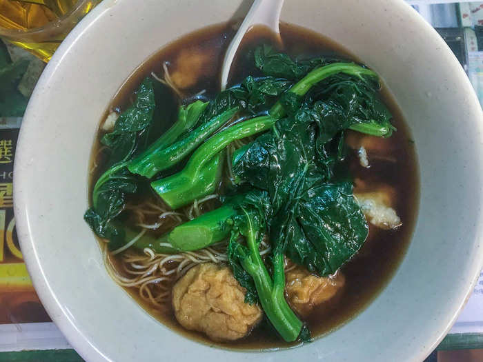 Macanese food, or food from Macau, is dominated by Chinese and Portuguese influences, due to its colonial history. For this Macanese noodle soup, you choose the soup base and then a variety of toppings. I chose fish balls and Macanese fish.