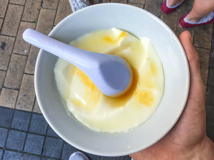 Hong Kongers love their sweets (though Asian-style desserts and snacks are far less sweet than European or American ones). Dou Fu Fa (sometimes spelled doufuhua) is a soft, silky tofu in a lightly sweet soup covered with ginger sugar. It