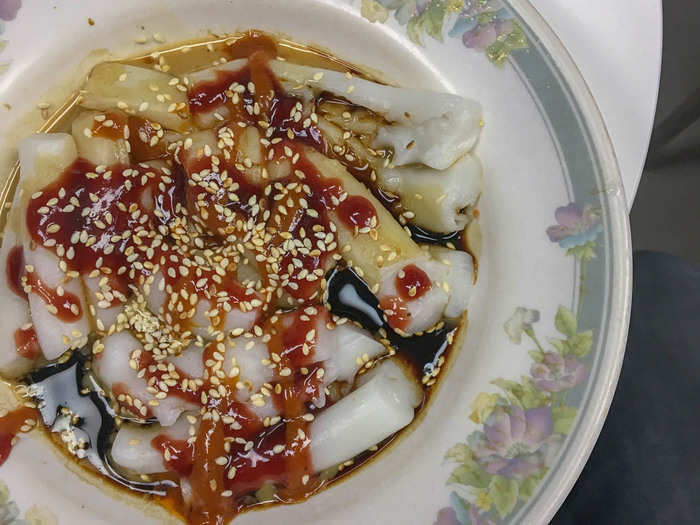 Another popular cheap breakfast is cheung fan, or Hong Kong-style rice noodle rolls. It is made of thin, wide strips of rice noodles covered in hoisin sauce, sesame sauce, and roasted sesame seeds. When served at dim sum, the dish often comes filled with beef, shrimp, or pork.