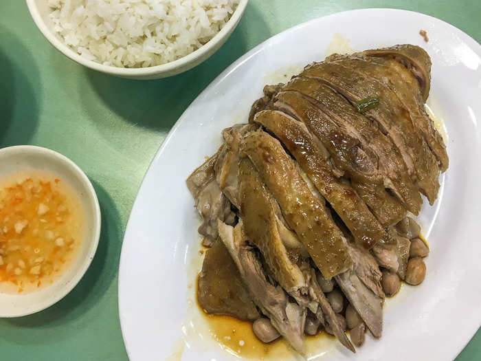 Cantonese food (i.e. Hong Kong and neighboring Guangdong province) is typically associated with siu mei, or rotisserie roast meats. This roast goose is marinated in soy-garlic sauce and served with peanuts. Its skin is crispy and the meat is juicy.