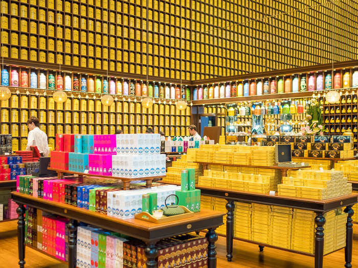 My favorite shop was the TWG Tea Boutique. The walls are lined with all the different teas that TWG sells in gold canisters. Mirrors on adjacent walls create the illusion that the rows go on forever. It feels like being in a shop that would be at home in Diagon Alley.