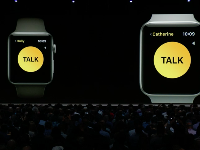 14. The Apple Watch has a new way to communicate: Walkie-talkie. Just choose a person to Walkie-Talkie with, and once that person accepts your request, you two can Walkie-Talkie whenever you like. You just push into your watch, and start talking. This works over both cellular and WiFi.