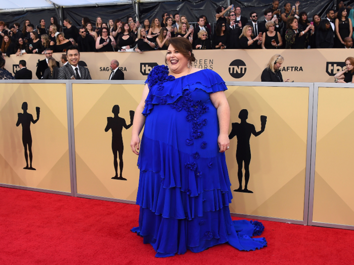 Chrissy Metz wore a custom cobalt blue Kate Spade to the 24th annual Screen Actors Guild Awards in 2018, perhaps one of the brand