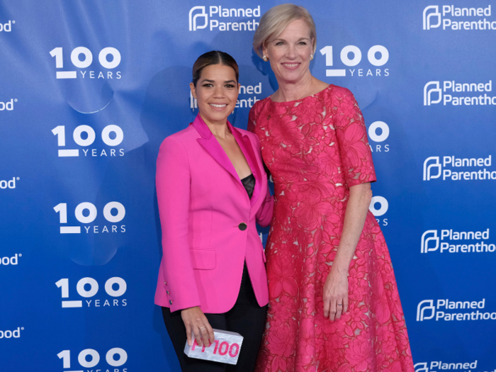 America Ferrera attended the Planned Parenthood 100th Anniversary Gala in 2017 with a custom Kate Spade clutch befitting of the event. Kate Spade clutches and handbags  retail anywhere from $60 to $600.