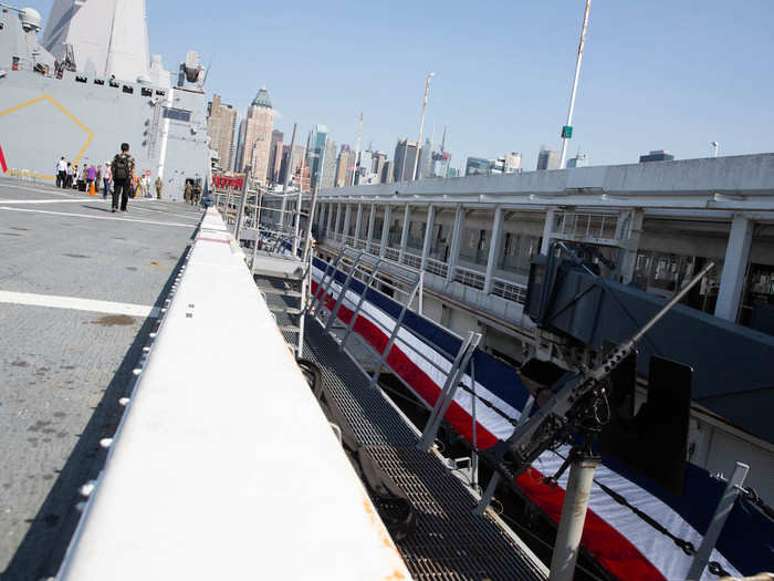 San Antonio-class LPDs are also rather heavily armed with two rolling airframe missile launchers (one of which is in the top left), two Mk 46 30 mm guns and 10 .50 caliber machines guns.