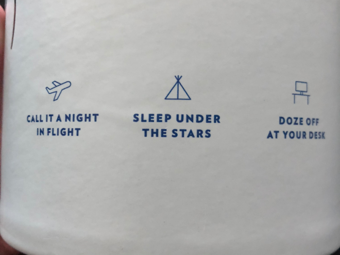 The text printed on the container has everything you need to know about the Nap Pillow, including where you can use it ...