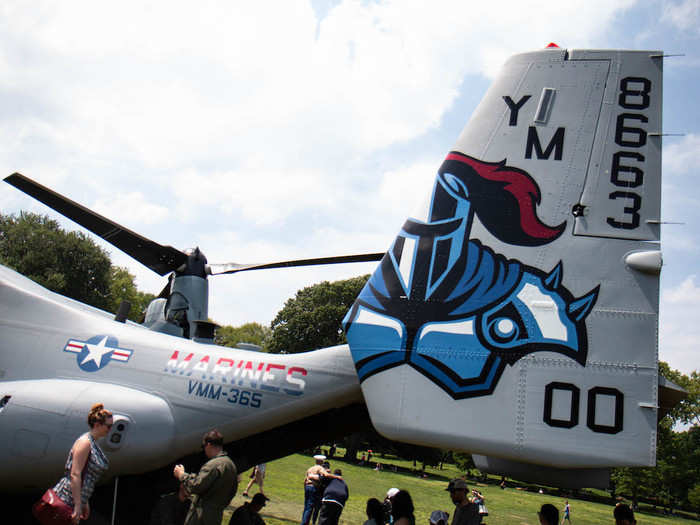 There are different variants of the Osprey, but the one we saw was an MV-22B in service with the Blue Knights squadron.