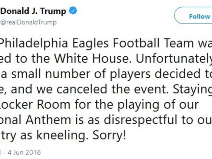 Then Trump blasted the NFL for allowing players to continue to disrespect the anthem and flag by staying in the locker rooms (a forced segue as no Eagles players kneeled in 2017 and there was no indication they would stay in the locker room in 2018)...