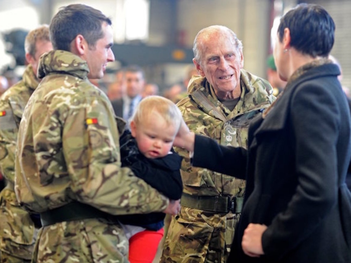 2011: Prince Philip has spent his life supporting veterans and the armed forces. Here, he talks with soldiers and their relatives of the 2 Close Support Battalion RE ME (Royal Electrical and Mechanical Engineers) after the Operation Herrick Medal Parade at the Saint Barbara