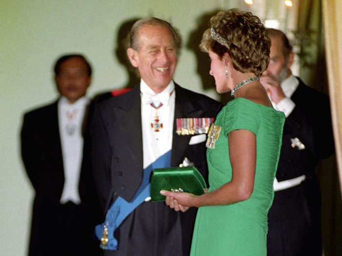 1993: The Duke of Edinburgh chats with Diana, Princess of Wales, at a banquet he is hosting in honour of the Queen, at the Dorchester Hotel, London.