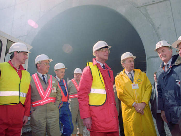 1992: Here, Prince Philip emerges from the channel tunnel near Calais, France, after becoming the first member of the royal family to use the rail line connecting England and France — one year before it welcomed its first fare-paying passenger.