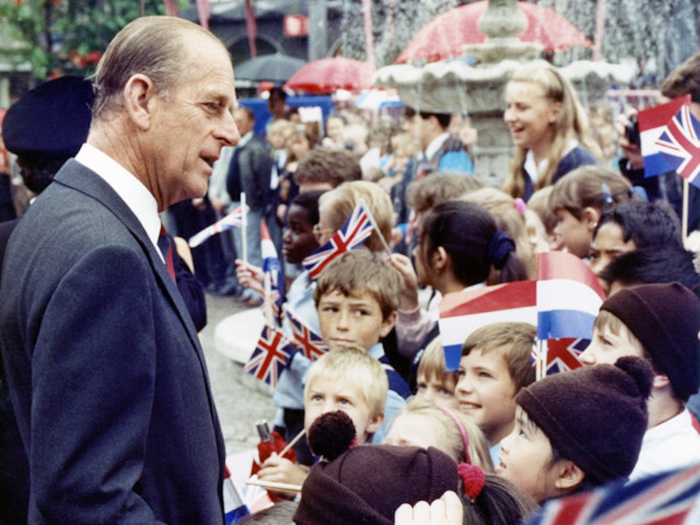 1988: Prince Philip was greeted by children of the British School in Holland. He was visiting the Netherlands for the celebration of the 300th Anniversary of the Glorious Revolution, when Prince William III of Holland ousted King James II from the English family.