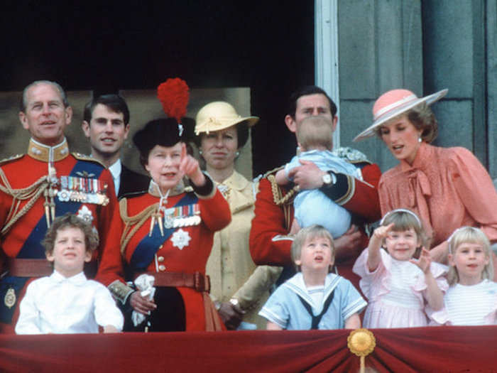 1985: The Queen, Prince Philip, the Prince of Wales, the Princess of Wales, the Princess Royal, Princes William and Harry, and the Earl of Wessex at the Trooping the Colour.