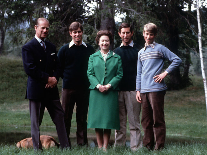 1979: This family photo was taken in the ground of Balmoral Castle in Scotland. Elizabeth and Philip were joined by their sons (l-r) Prince Andrew, Prince Charles, and Prince Edward.