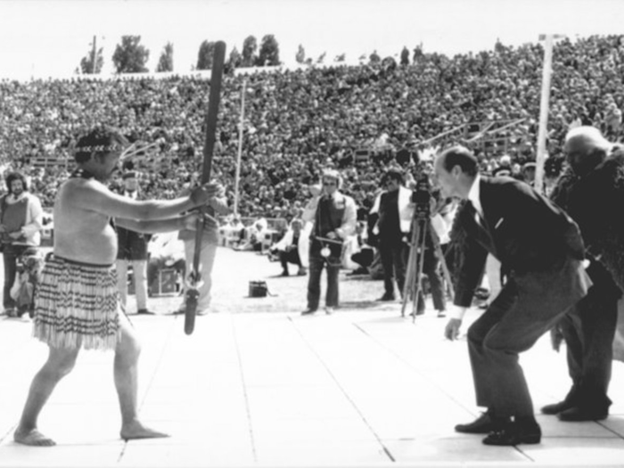 1974: He received a traditional Maori welcome when he arrived in Christchurch, New Zealand, to open the 10th Commonwealth Games. In this ancient Maori challenge, the feather is thrown at the feet of the Duke, with the chant, "do you come as friend or foe," by picking up the feather the Duke was accepted and welcomed.