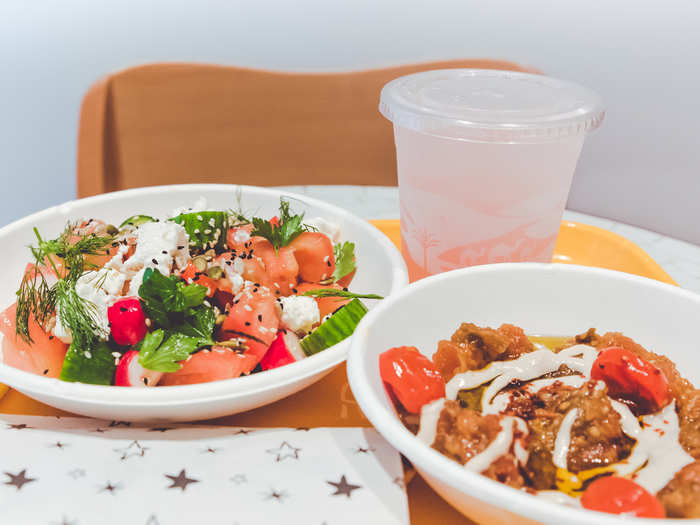 I ordered the Seeds & Veg salad, Tomato Meze, and rose lemonade.