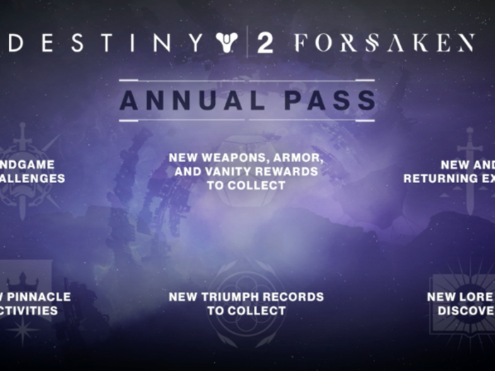 The Annual Pass is new to Destiny 2: Buying it will give you access to new activities and end-game content, as well as new rewards and achievements, throughout the second year of Destiny 2 (from fall 2018 to summer 2019). The Annual Pass replaces Bungie