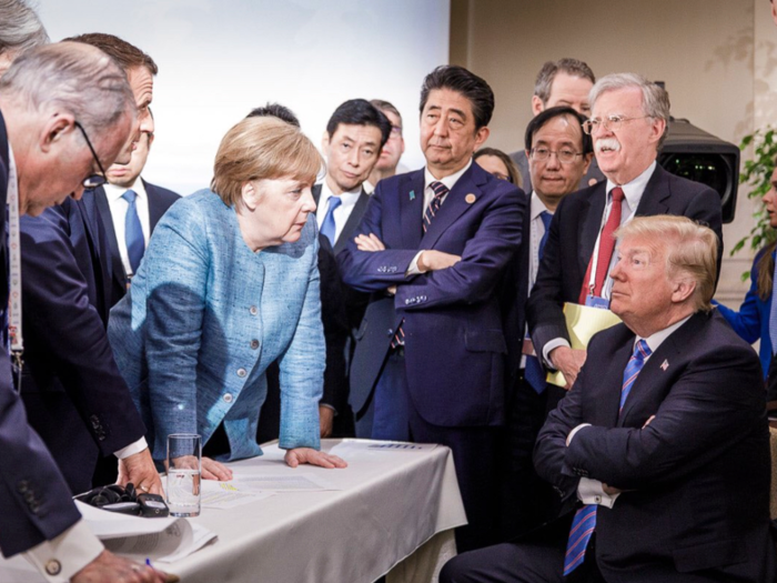 On Saturday, Merkel spoke to Trump, alongside May, Macron, and Abe. This one photo said it all.