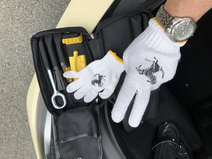 The toolkit features a pair of prancing horse gloves. Be a shame to get them dirty!