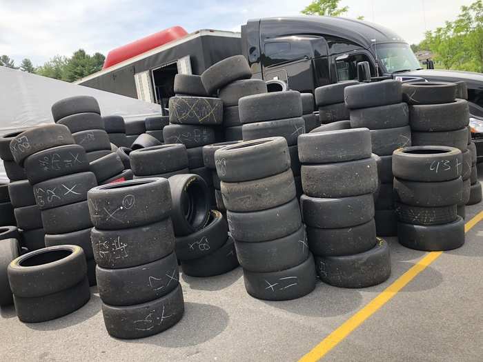 Lots and LOTS of tires. Notice that these are largely untreaded racing slicks — they