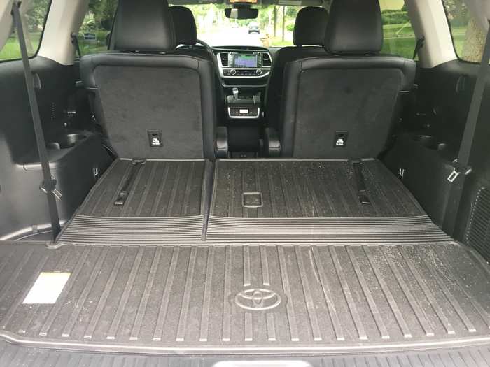 With the third row folded, cargo capacity goes up to 42.3 cubic feet. Fold down the second row and the Highlander