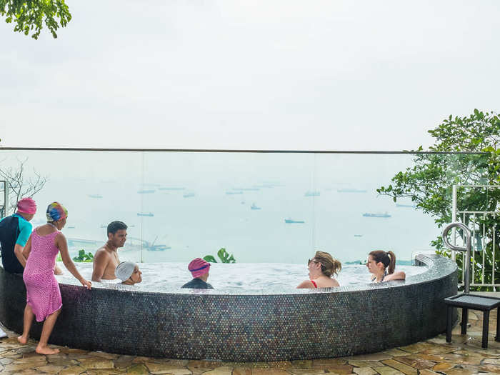 Multiple hot tubs line the harbor side of the Skypark so you can take a dip while looking out at the sea.