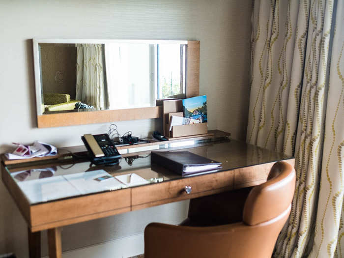 My hotel room had a wood paneled desk with a nice leather chair.