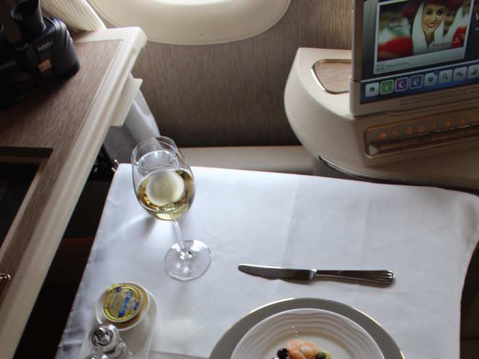 First class customers even get their own mini bottles of olive oil and balsamic vinegar, as well as salt and pepper grinders, and a bread basket.