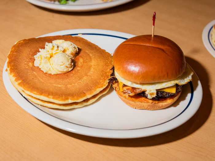 The Big Brunch Burger — ordered with a side of two pancakes — was less aesthetically over-the-top, but equally tasty. The burger, topped with a fried egg, bacon, crispy potatoes, and IHOP sauce, was a perfect fit for the breakfast-centric chain