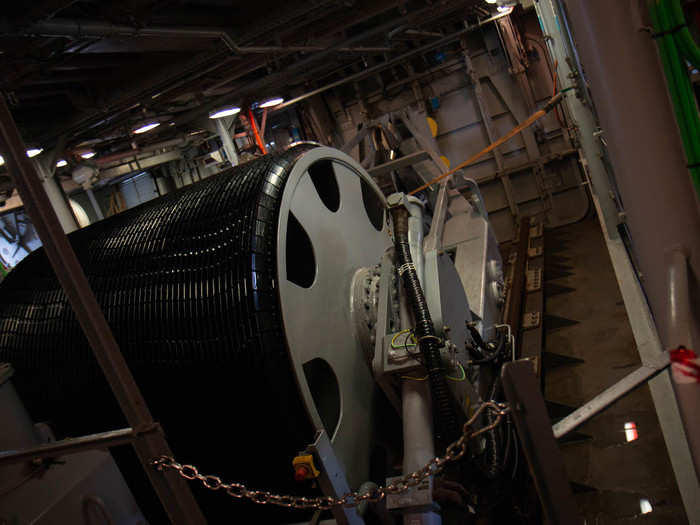 As an anti-submarine warfare ship, the Alpino has a variety of sensors, including the main Thales variable-depth sonar seen below, which is deployed into the water through the door in the background.