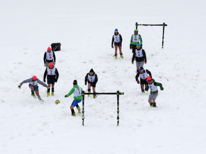 Even snow is suitable for a quick game — just ask these ski instructors in Sestriere, Italy.