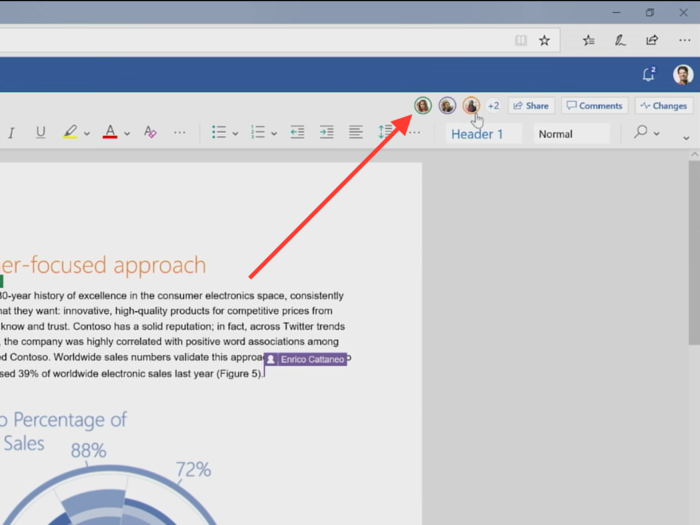 Collaboration commands will all be in the upper right-hand corner inside Office documents.