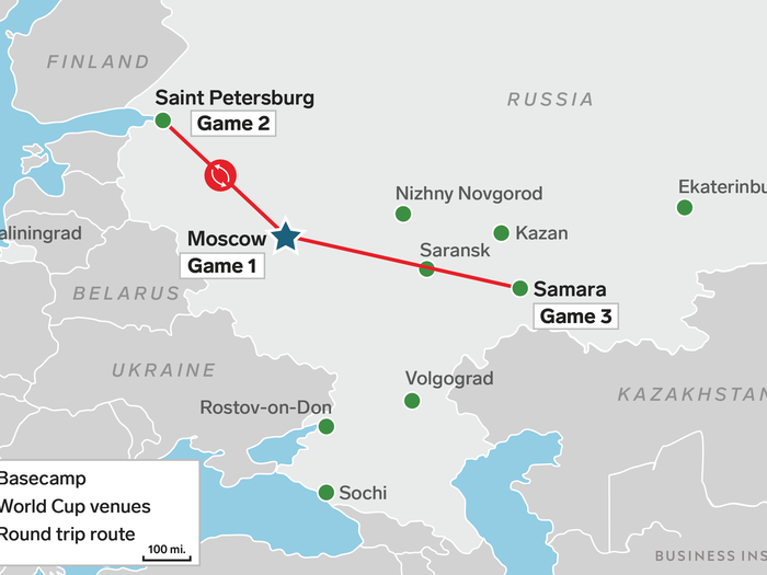 Russia’s team travel route: 1,320 total miles