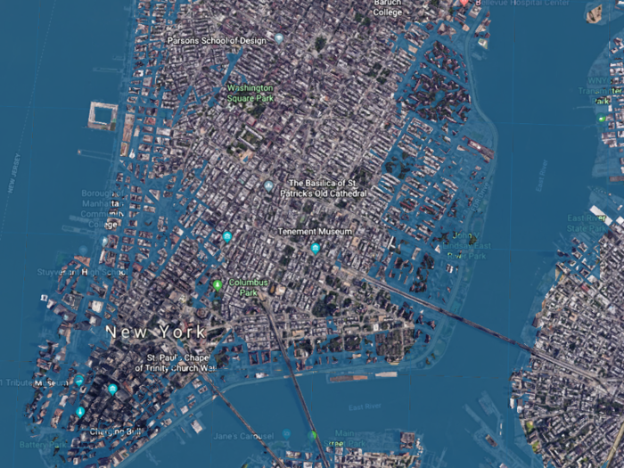 Zooming in on lower Manhattan, you can see how drastic the flooding could be.