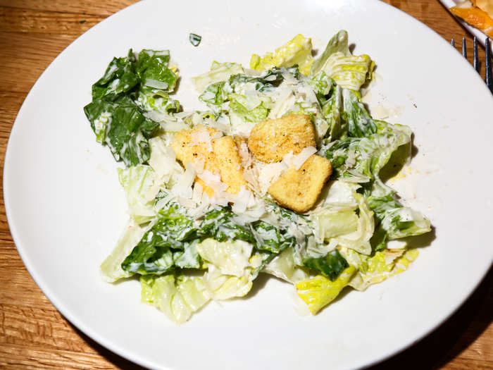 The salad was classic restaurant Caesar fare, with limp lettuce damply drenched with dressing. Nothing fancy, but it fulfilled a certain craving, and fooled us into thinking we were making healthy choices.